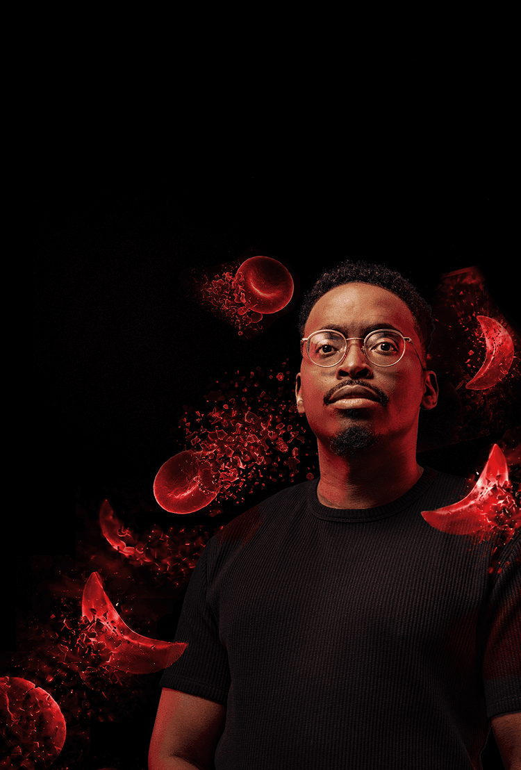 Portrait of sickle cell warrior against red blood cells breaking apart to represent hemolysis in sickle cell disease